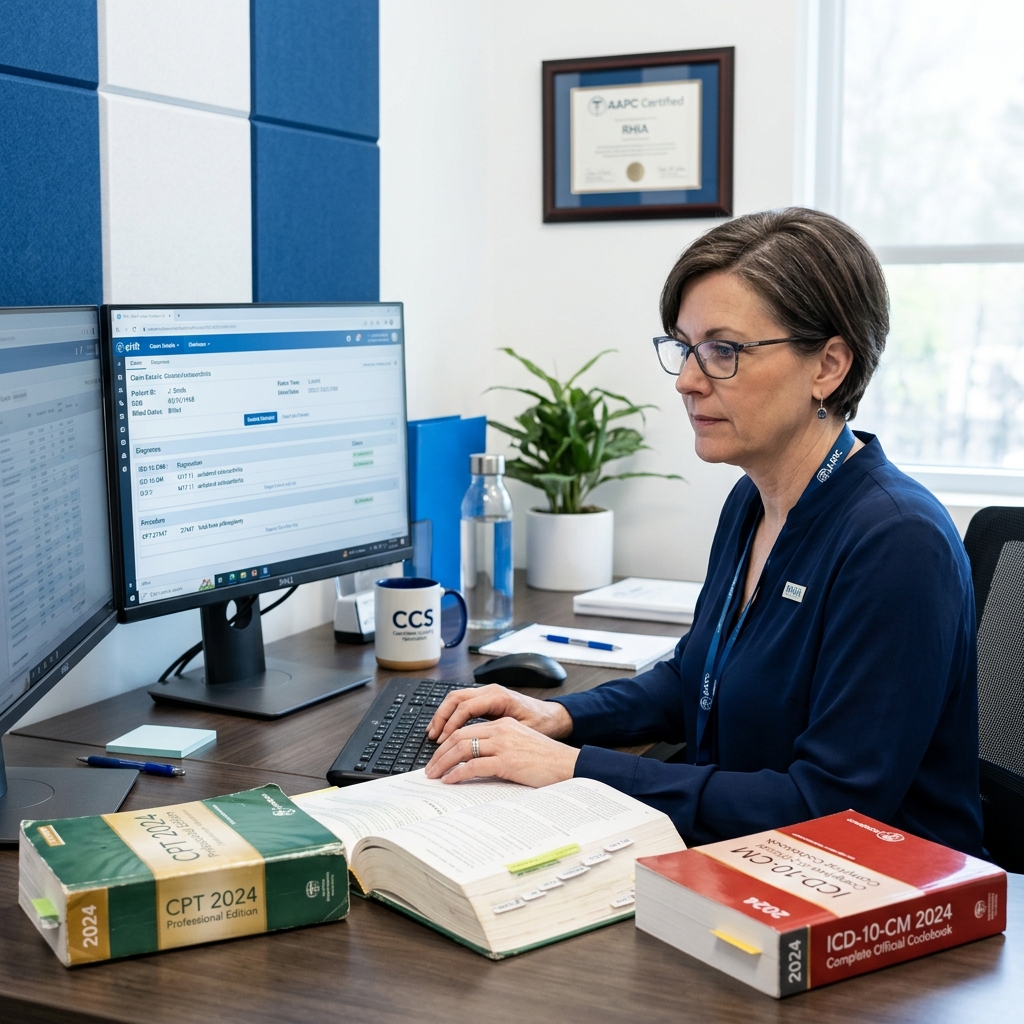 Certified medical coder reviewing billing documentation